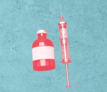 Vile and needle, red color overlay, light blue background
