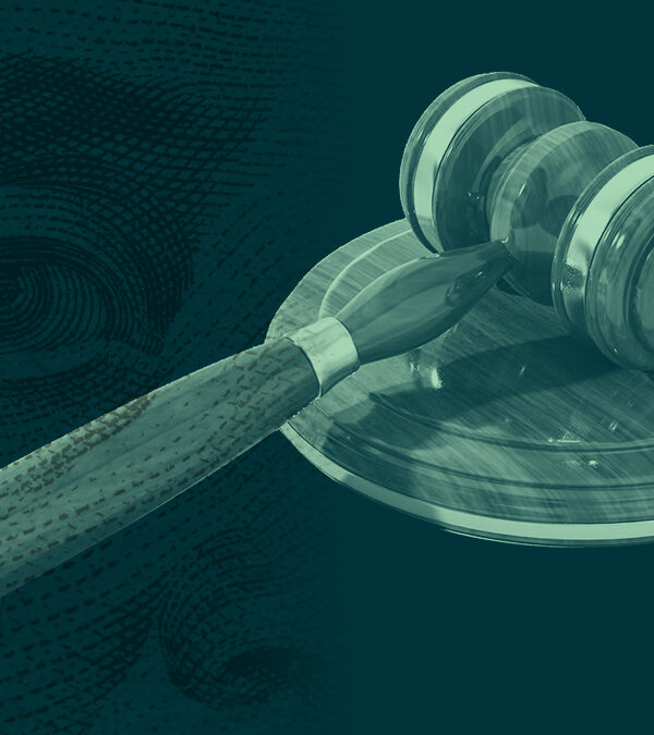 Dark green Ben Franklin's face from the 100 dollar bill overlaid on a green gavel