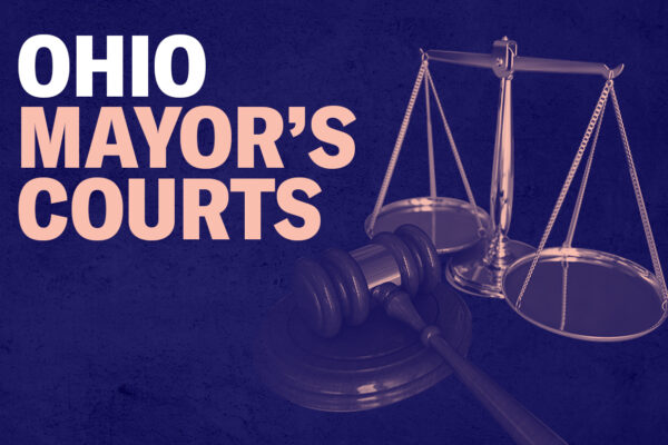 Ohio Mayor's Courts - gavel and scales of justice with a pink overlay on a textured navy background