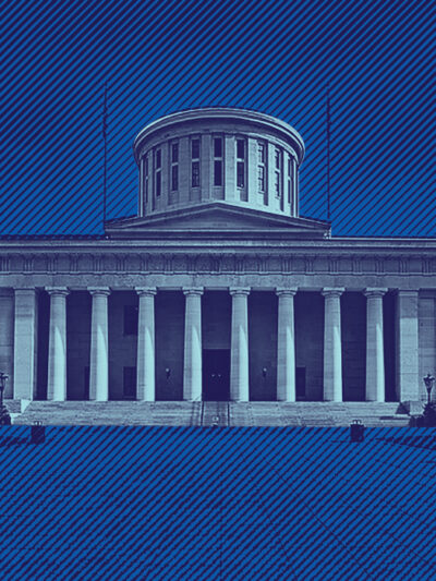 Ohio Statehouse with a navy and azure color overlay, background with navy and blue lined texture overlay