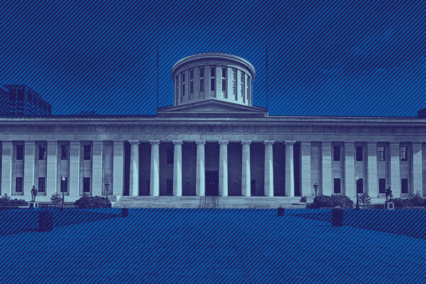 Ohio Statehouse with a navy and azure color overlay, background with navy and blue lined texture overlay