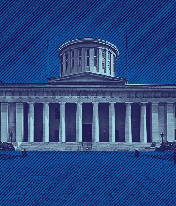 Ohio Statehouse with a navy and azure color overlay, background with navy and blue lined texture overlay