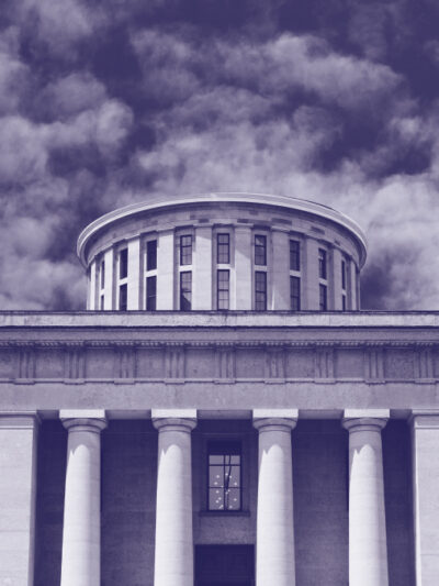 Ohio Statehouse with a navy and white color overlay, with rips on the corners exposing a prison cell and a pipeline