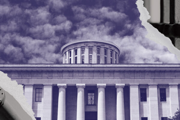 Ohio Statehouse with a navy and white color overlay, with rips on the corners exposing a prison cell and a pipeline