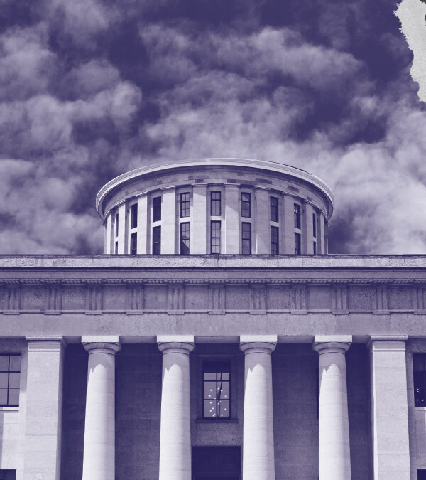 Ohio Statehouse with a navy and white color overlay, with rips on the corners exposing a prison cell and a pipeline