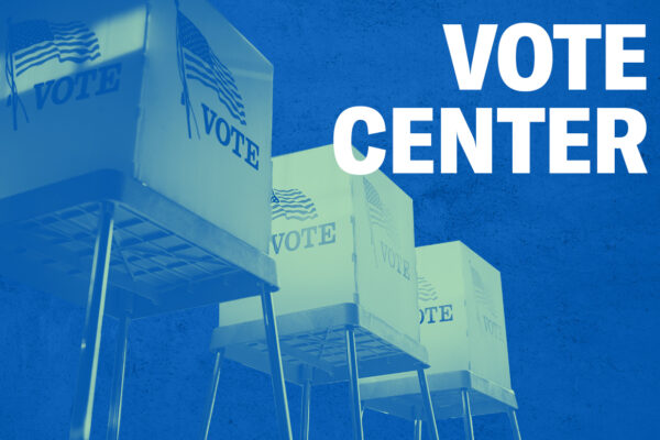 Voting booths with a green overlay, Vote Center in white, on a textured blue background