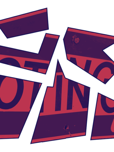 Voting arrow sign broken up into pieces with navy and red color overlay