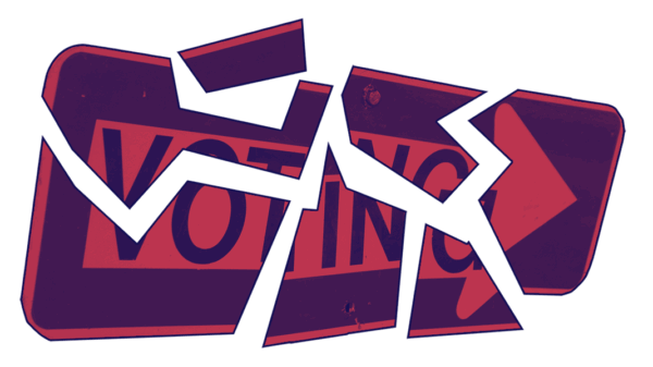 Voting arrow sign broken up into pieces with navy and red color overlay