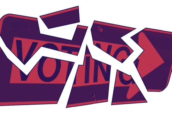 Voting arrow sign broken up into pieces with navy and red color overlay