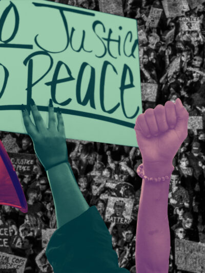 Megaphone, 'No Justice No Peace' sign, raised fist, raised peace sign over a black and white aerial photo of a protest