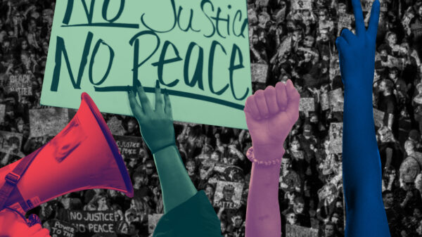 Megaphone, 'No Justice No Peace' sign, raised fist, raised peace sign over a black and white aerial photo of a protest