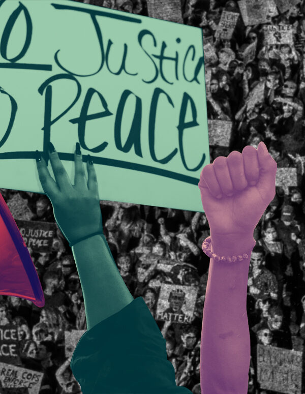 Megaphone, 'No Justice No Peace' sign, raised fist, raised peace sign over a black and white aerial photo of a protest