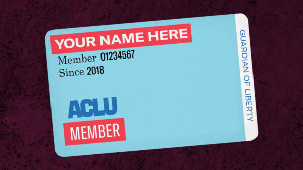 ACLU membership card on a maroon background