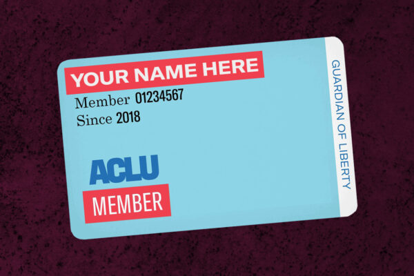 ACLU membership card on a maroon background