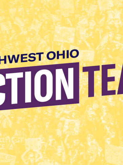 Southwest Ohio Action Team logo over yellow and white image of a protest