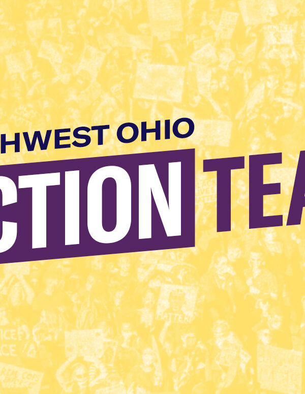 Southwest Ohio Action Team logo over yellow and white image of a protest
