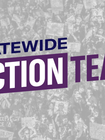 Statewide Action Team logo over gray and white image of a protest