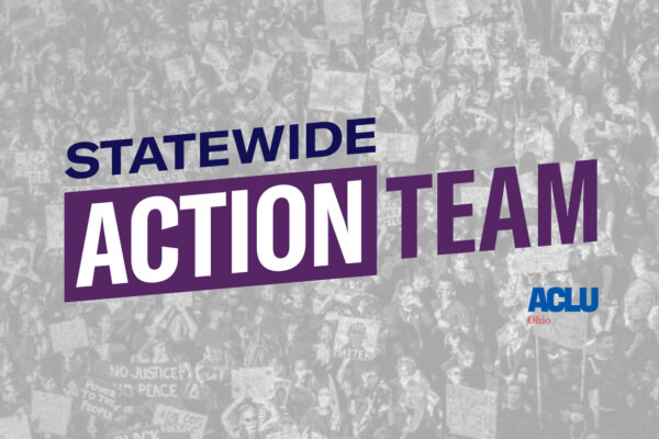 Statewide Action Team logo over gray and white image of a protest