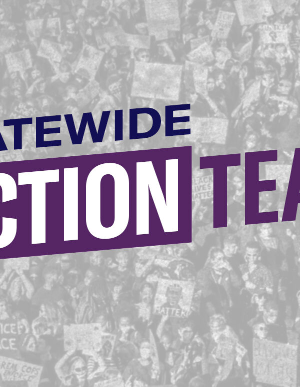 Statewide Action Team logo over gray and white image of a protest