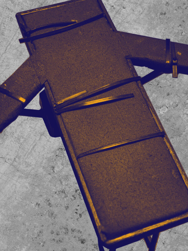 Table with straps with a navy and orange color overlay