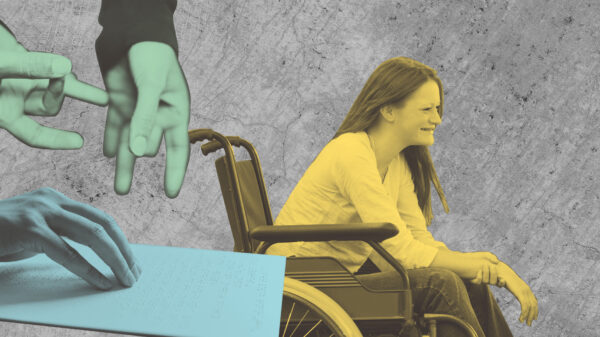 Hands using American Sign Language, hands reading braille, and a person sitting in wheelchair smiling, with different color overlays