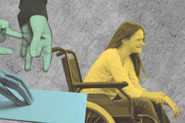 Hands using American Sign Language, hands reading braille, and a person sitting in wheelchair smiling, with different color overlays
