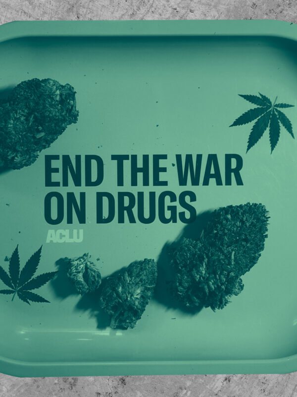 Cannabis buds on a tray that reads end the war on drugs with a green color overlay