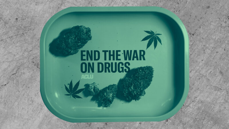 Cannabis buds on a tray that reads end the war on drugs with a green color overlay