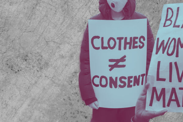 Protestors with signs that read 'clothes do not equal consent' and 'black women's lives matter' with purple and azure overlay