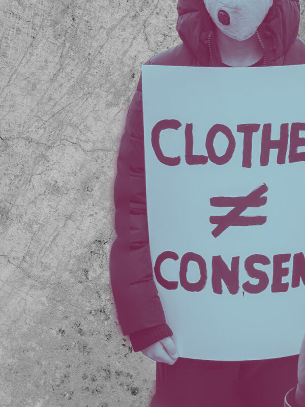Protestors with signs that read 'clothes do not equal consent' and 'black women's lives matter' with purple and azure overlay