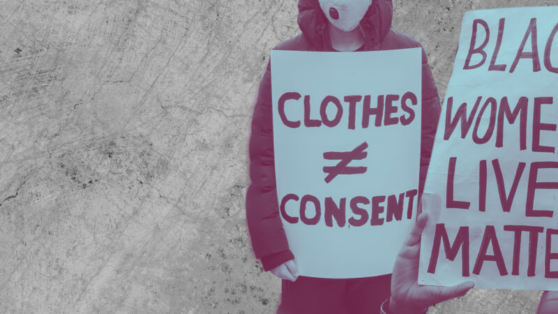 Protestors with signs that read 'clothes do not equal consent' and 'black women's lives matter' with purple and azure overlay