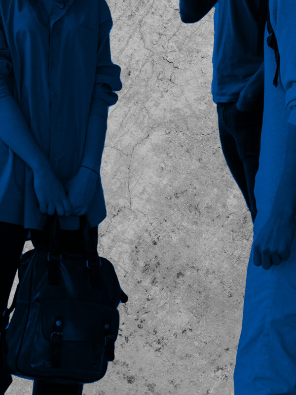 Students standing around talking with black and blue color overlay