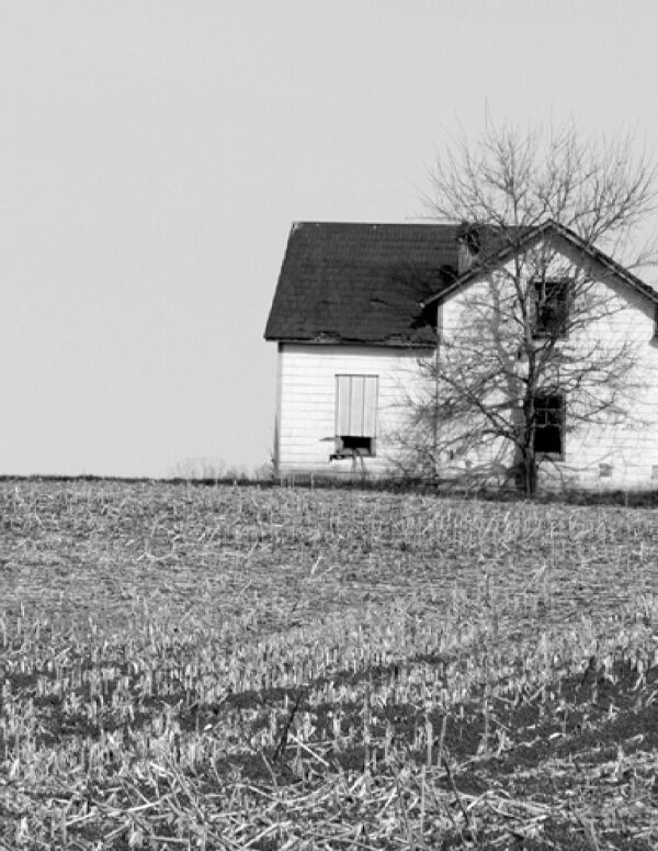 black and white photo of a white farm house in a field