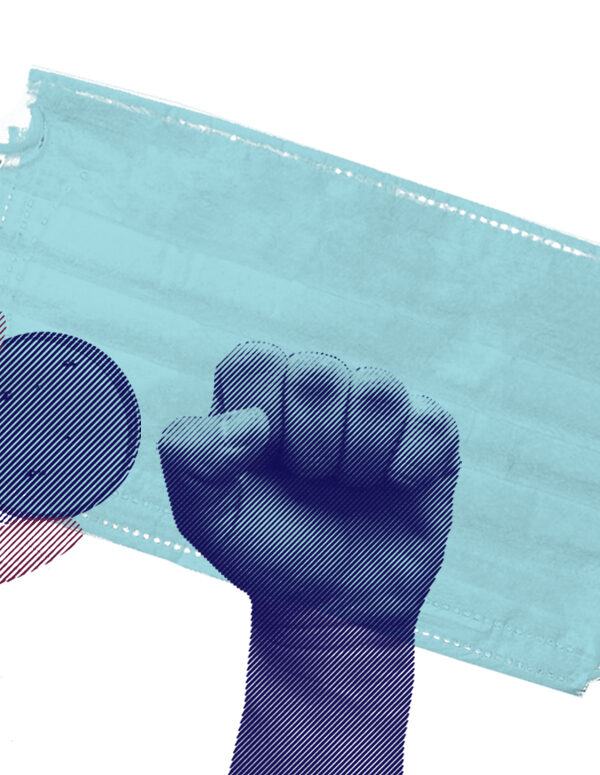 Medical glove with a purple color overlay, petri dish with a navy color overlay, raised fist with a navy overlay, and azure surgical mask