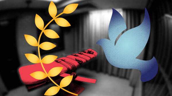 Peace dove with a blue color overlay, peace leaves with an orange color overlay on a blurry image of a lethal injection bed in a prison cell