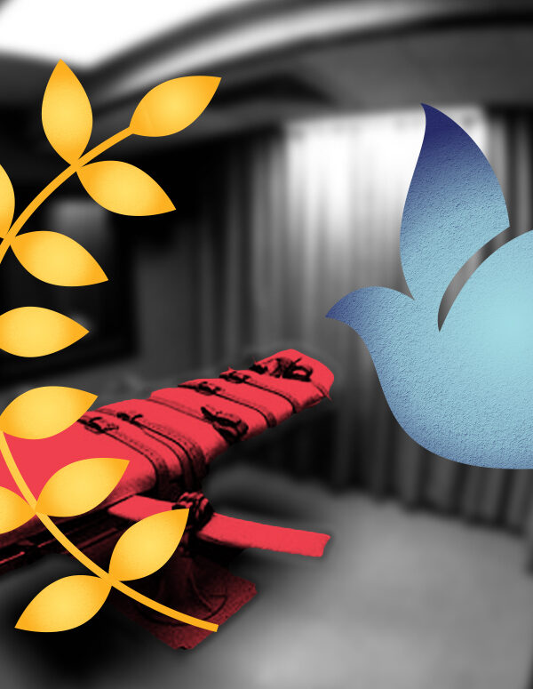 Peace dove with a blue color overlay, peace leaves with an orange color overlay on a blurry image of a lethal injection bed in a prison cell