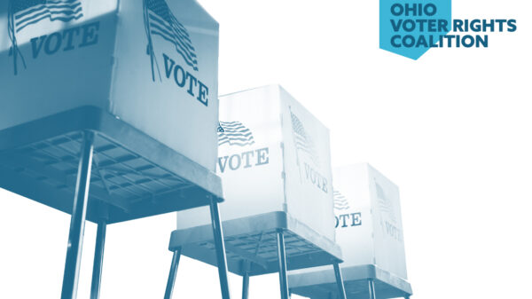 Voting booths with a blue and white color overlay on a white background with the Ohio Voter Rights Coalition logo