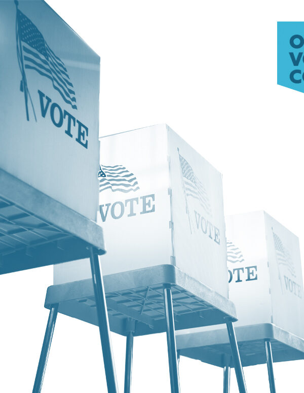 Voting booths with a blue and white color overlay on a white background with the Ohio Voter Rights Coalition logo
