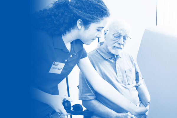 Volunteer assisting a voter with a blue and white color overlay