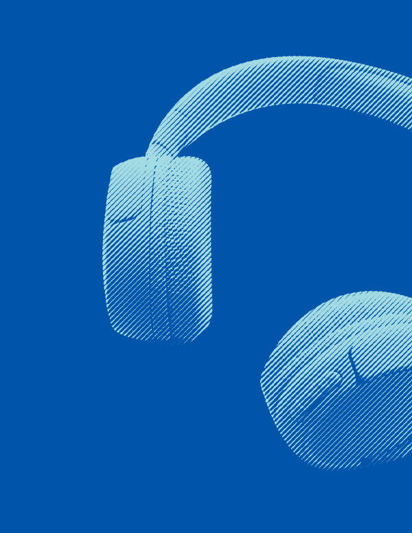 Pair of headphones with an azure color overlay on a blue background