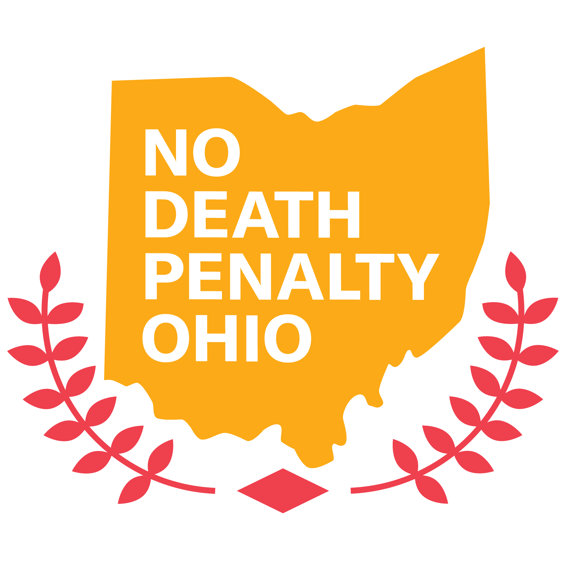 No Death Penalty Ohio in white font on an orange, solid color state of Ohio with red peace leave branches on the sides of the state