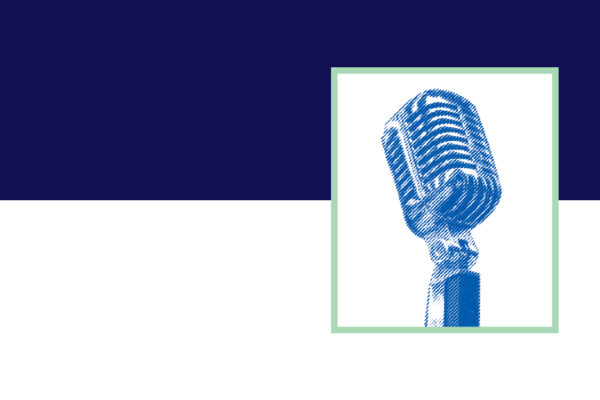 Old timey microphone with a blue color overlay in a white rectangle with a green border on a navy and white background