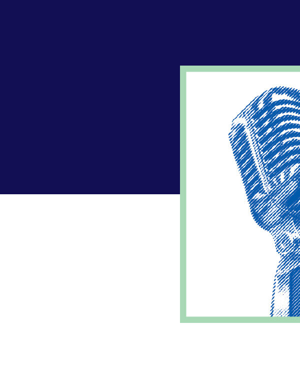 Old timey microphone with a blue color overlay in a white rectangle with a green border on a navy and white background