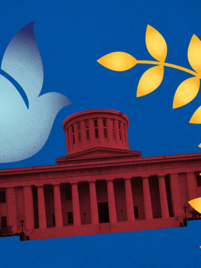 Ohio Stathouse with a red color overlay, a peace dove with an azure color overlay, and peace leaves with an orange and yelllow color overlay on a textured blue background