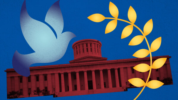Ohio Stathouse with a red color overlay, a peace dove with an azure color overlay, and peace leaves with an orange and yelllow color overlay on a textured blue background
