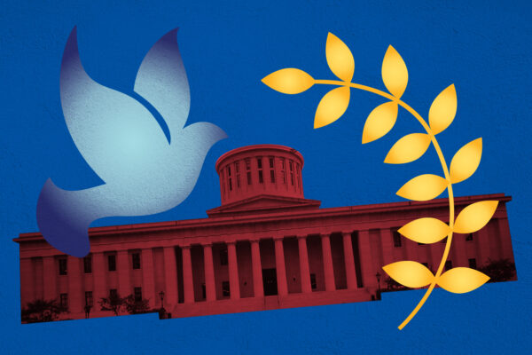 Ohio Stathouse with a red color overlay, a peace dove with an azure color overlay, and peace leaves with an orange and yelllow color overlay on a textured blue background