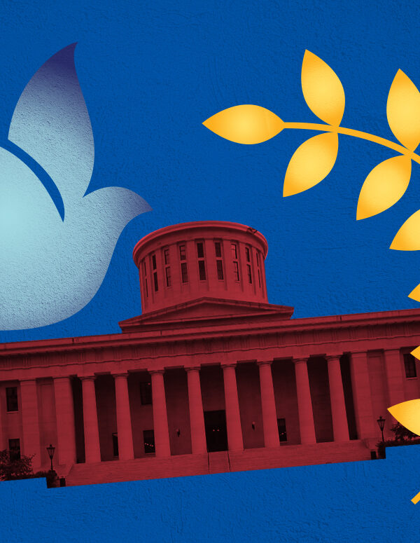 Ohio Stathouse with a red color overlay, a peace dove with an azure color overlay, and peace leaves with an orange and yelllow color overlay on a textured blue background