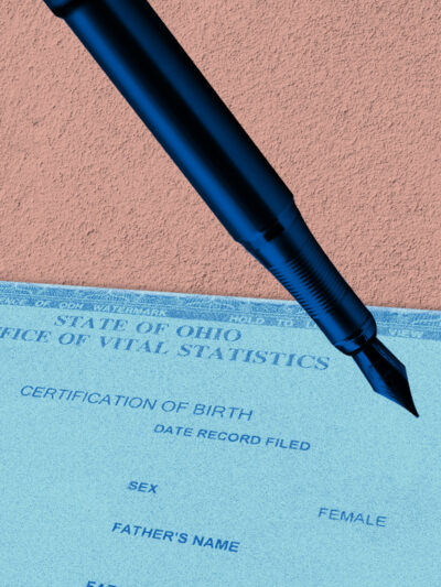 Ohio Birth Certificate with an azure color overlay and a pen with a blue color overlay, on a textured pink background