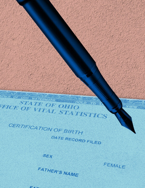 Ohio Birth Certificate with an azure color overlay and a pen with a blue color overlay, on a textured pink background