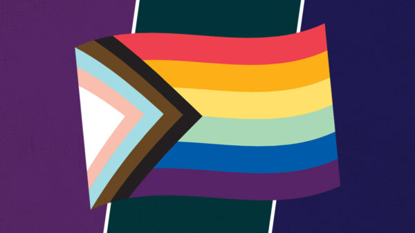 Progress Pride Flag on a purple, dark green and navy background